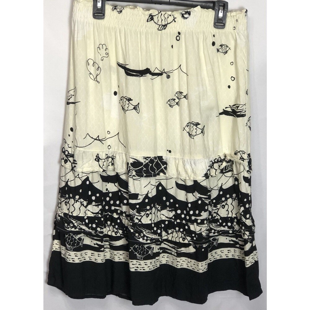 Line Two Midi Skirt L Ivory Yellow Ruffles Fish Abstract 32"W Artsy Fun Festival